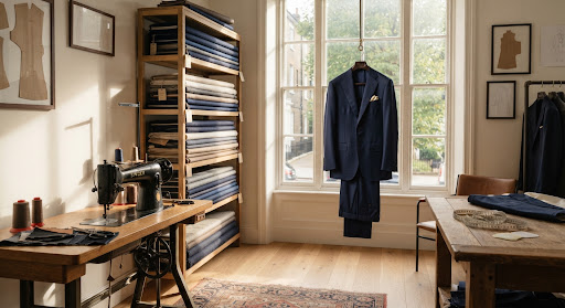 Tailoring studio with fine fabrics and a finished suit